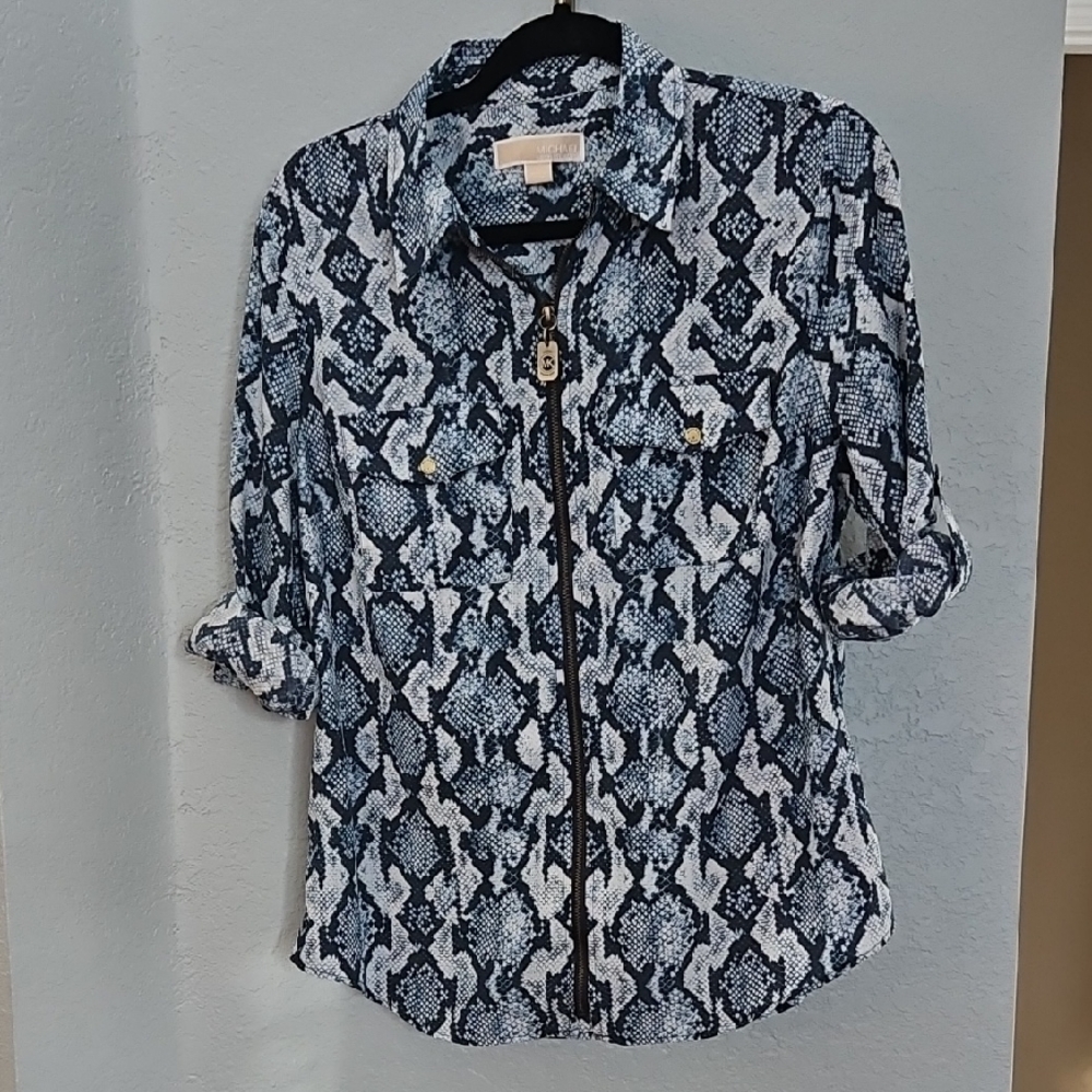 Michael Kors Navy and White Snakeskin Print Top